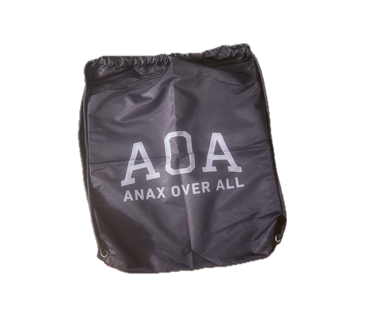 Front of black ANAX OVER ALL drawstring bag with white AOA logo